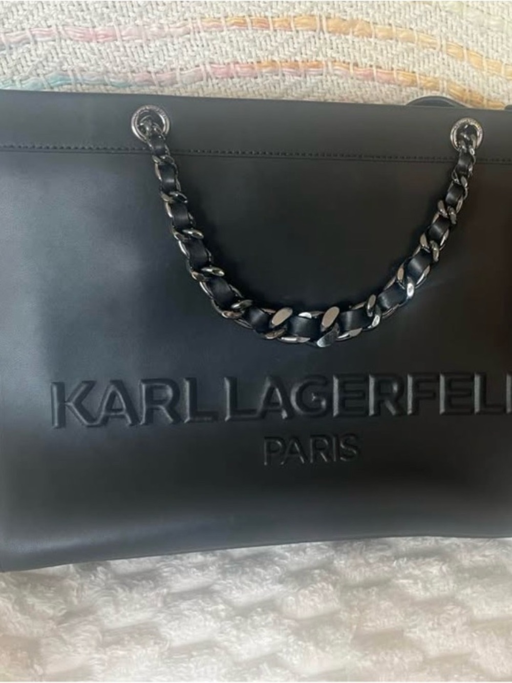 Karl Lagerfeld Black Logo-Embossed Chain Tote
